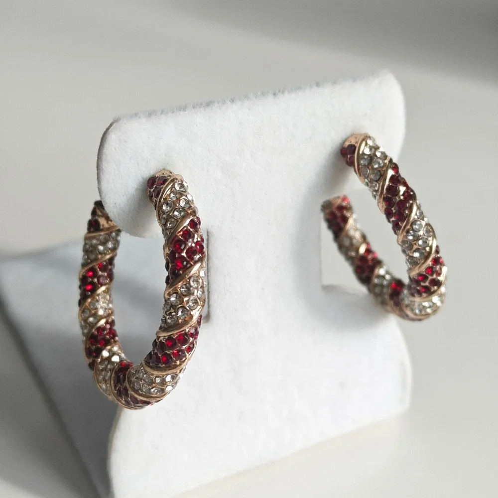 Gold Tone Red Brown Clear Rhinestone Crystal Hoop Earrings Spiral Sparkle Post